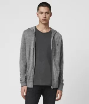 Image of AllSaints Mens Merino Wool Lightweight Mode Zip Hoodie, Grey, Size: XXL