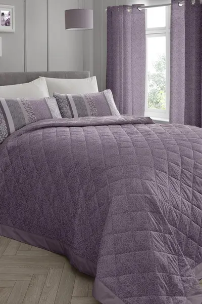 Image of Dreams & Drapes 'Hanworth' Modern Leaves And Fauna Striped Duvet Cover Set Lavender