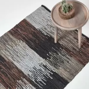 Image of Black, Grey & Brown Real Leather Handwoven Cutshuttle Rug, 150 x 240cm - Brown - Homescapes