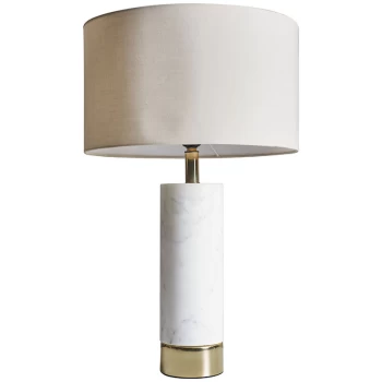 Image of White Marble and Brass Cylinder Table Lamp with Fabirc Lampshade - Beige