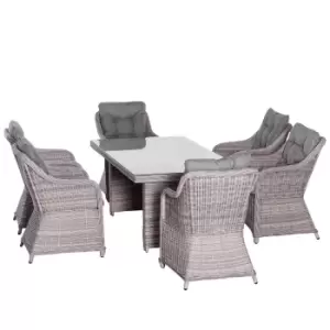 Image of 7 Piece Patio Rattan Dining Set with Tempered Glass Table, Grey