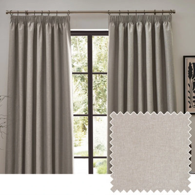 Image of Furn Furn Dawn Blackout Pencil Pleat Curtain Pair in Beige Size: 117cm width x 137cm drop Beige 117cm width x 137cm drop Unisex 5025532819703