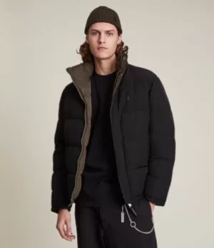 Image of AllSaints Mens Regular Fit Novern Reversible Puffer Jacket, Black and Green, Size: S
