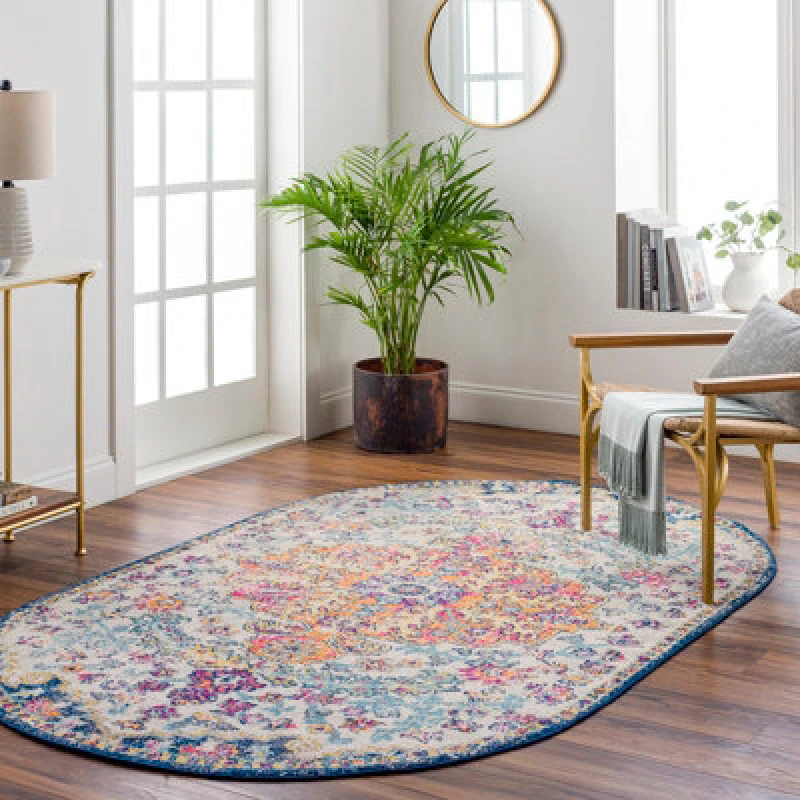 Image of Livabliss Oval Vintage Oriental Boho Saffron/navy Lou Area Rug 95 X 150 Cm - Easy Care, Non Shedding, Ideal For Living Room & Bedroom