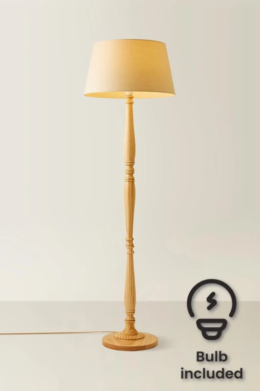 Image of ValueLights Victoria Light Wood Traditional Floor Lamp with Fabric Tapered Shade and Bulb Cream