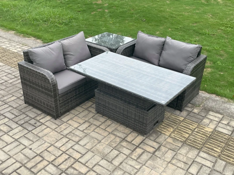 Image of Fimous Outdoor Rattan Furniture Garden Dining Set Height Adjustable Rising lifting Table Love Sofa Set Dark Grey Mixed Dark Grey