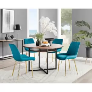 Image of Furniture Box Adley Brown Wood Storage Dining Table and 4 Blue Pesaro Gold Leg Chairs
