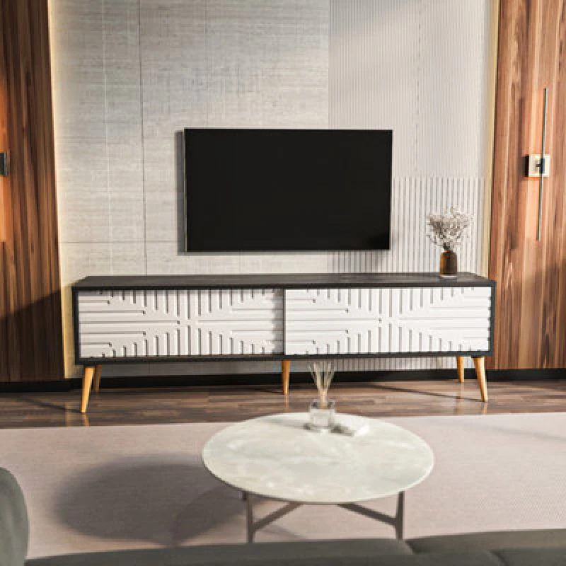 Image of Decorotika Modern Riso TV Stand Black Marble Effect Andwhite