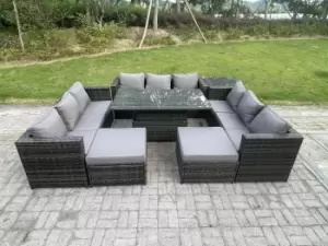 Image of Fimous 9 Seater Outdoor Dark Grey Rattan Lounge Complete Sofa Set with Adjustable Dining Table and 2 Big Footstool