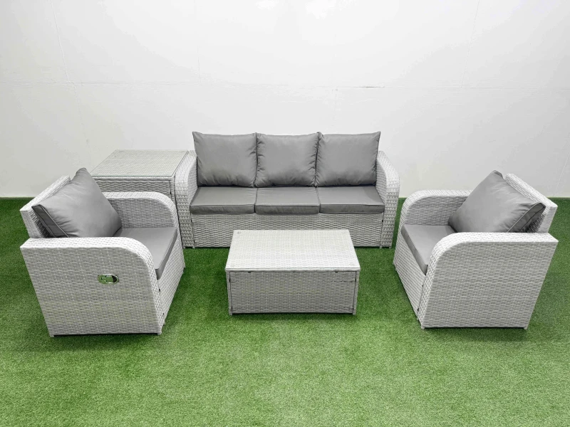 Image of Fimous PE Rattan Garden Furniture Set Reclining Chair Sofa Lounge Sofa Set Oblong Coffee Table Side Table Light Grey Light Grey
