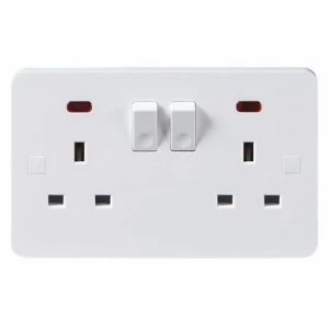 Image of KnightsBridge Pure 9mm 13A White 2G Twin 230V UK 3 Switched Electric Wall Socket with Neon