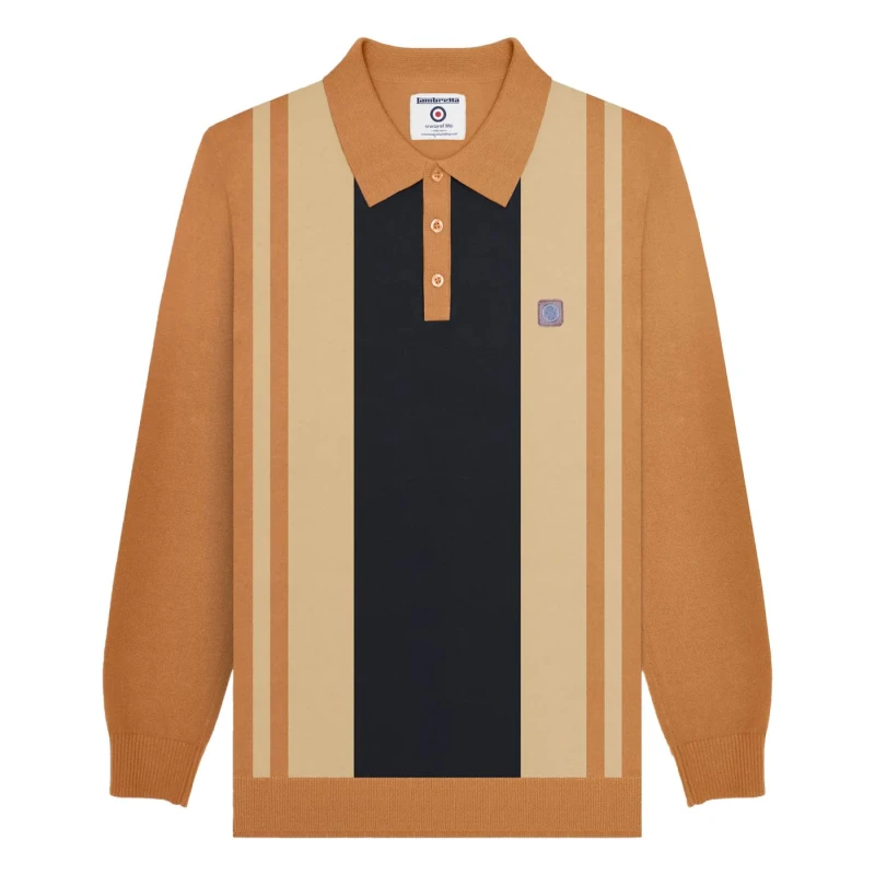 Image of Lambretta Lambretta Men AW24 Vintage Panelled Long-Sleeved Polo Shirt in Light Brown Size: Small Light Brown S Male 5063703659192
