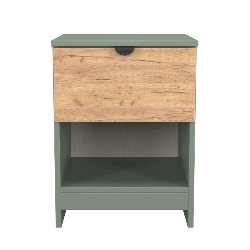 Image of Welcome Furniture Ready Assembled Bora 1 Drawer Open Shelf Bedside Cabinet, Green BOP605GCRG