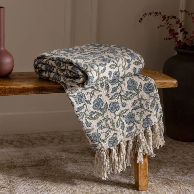 Image of Paoletti Delphine 100% Cotton Floral Printed Throw in Natural Size: 130cm x 170cm Natural Unisex 130cm x 170 cm