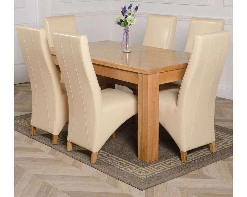Image of Thats Furniture Dakot 182 x 92cm Oak Large Dining Table & 6 Lola Leather Chairs in Cream Size: 182 x 92cm Cream Unisex 182 x 92 cm
