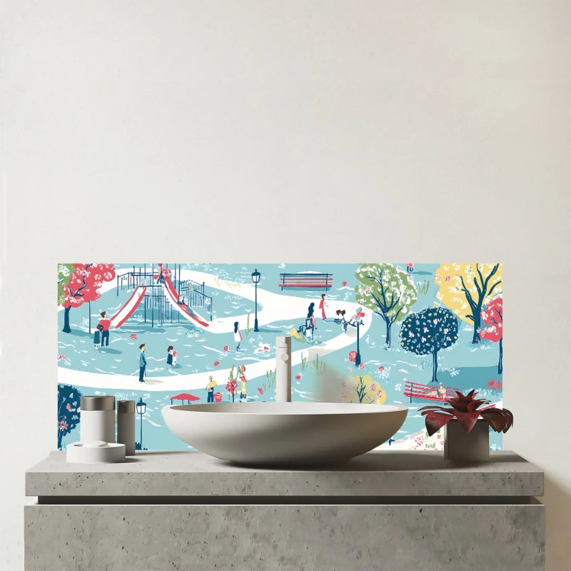 Image of Warren Reed - Designer A Day At The Park Glass Bathroom Splashback Multicolor Unisex