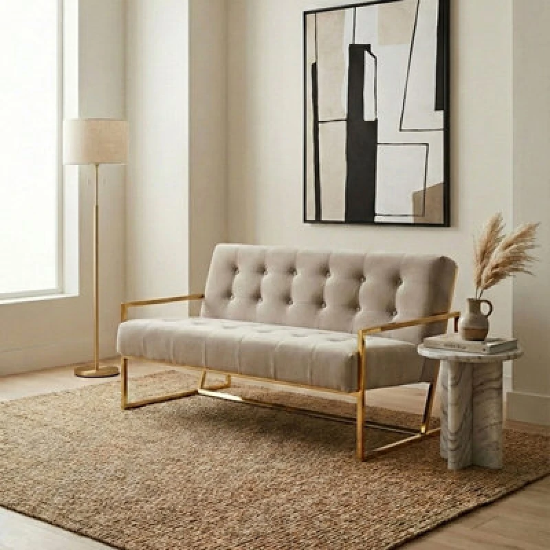 Image of Orsina 2 Seat Mink Velvet Sofa, Button Tufting Sofa, Foam Padded Velvet Upholstery Sofa, Metal Frame Lounge Sofa