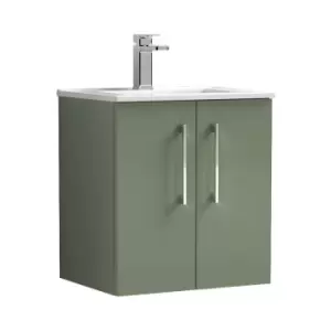 Image of Arno Satin Green 500mm Wall Hung 2 Door Vanity Unit with 18mm Profile Basin - ARN821B - Satin Green - Nuie