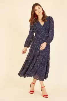 Image of Navy Star Print Long Sleeve Midi Dress