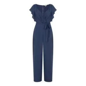 Image of Yumi Navy Wrap Jumpsuit With Ruffle Sleeves - Blue