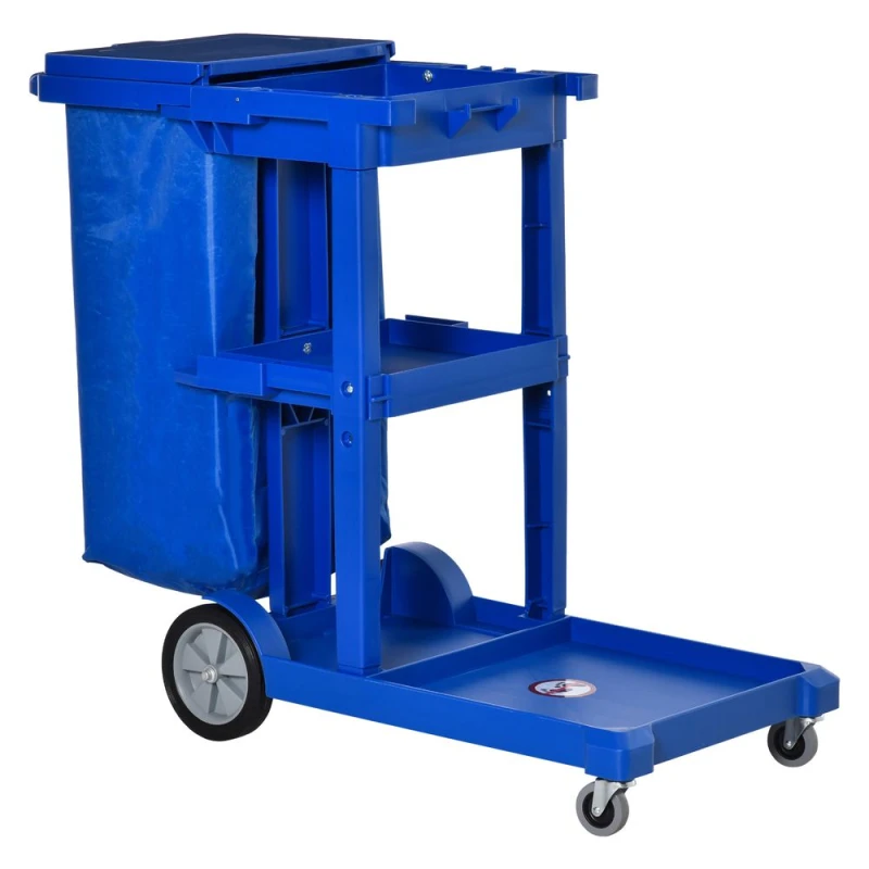Image of HOMCOM Cleaning Cart Housekeeping Trolley On Wheels with 3 Tier Shelves Blue