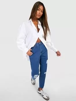 Image of Boohoo High Rise Distressed Mom Jeans - Mid Wash, Blue, Size 12, Women