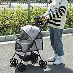 Image of PawHut No-Zip Dog Stroller with Basket and Safety Leash Grey