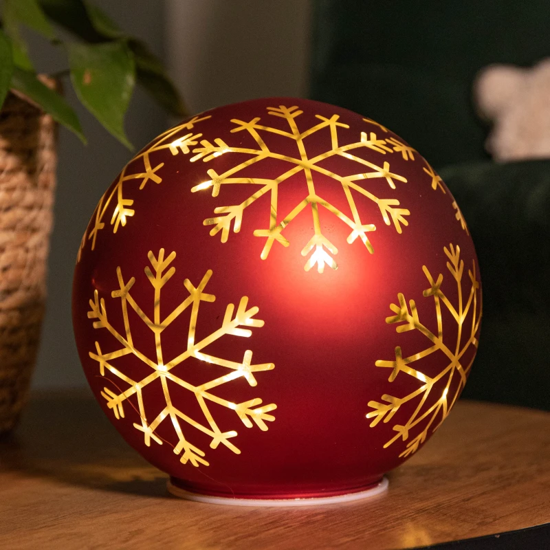 Image of 15cm Battery Operated Light up Snowflake Glass Ball in Red with Warm White LEDs