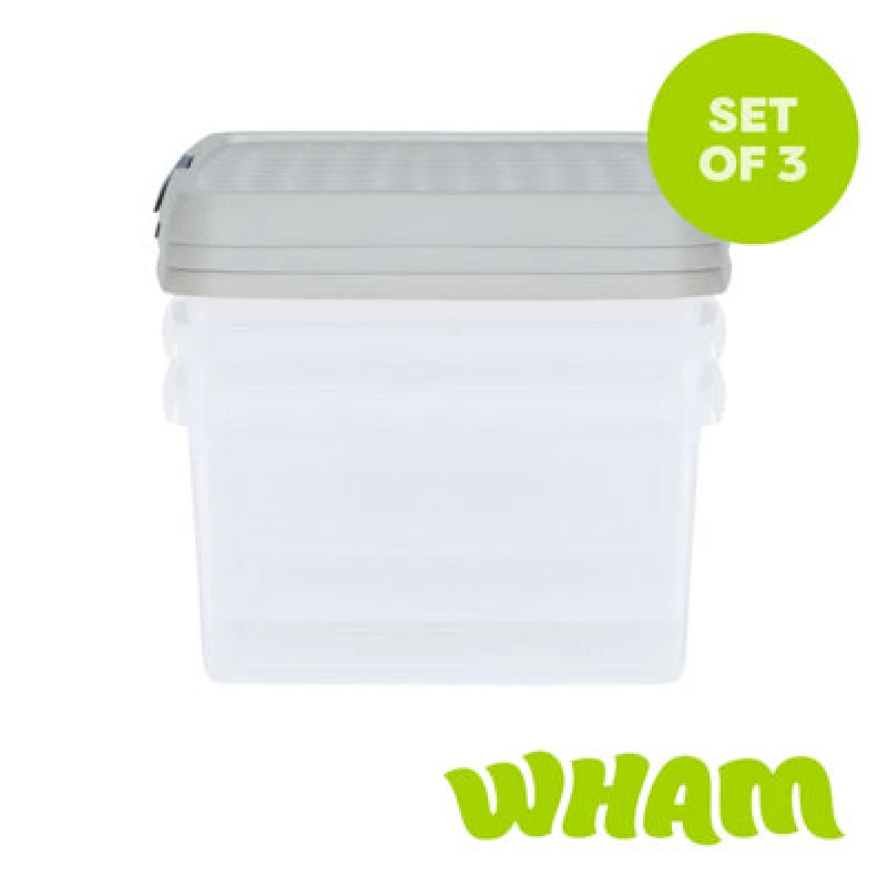 Image of Wham Clip 3X 9L Square Plastic Storage Boxes With Clip Lock Lids. Ideal For Home, Office, Toys & More - Clear/stone