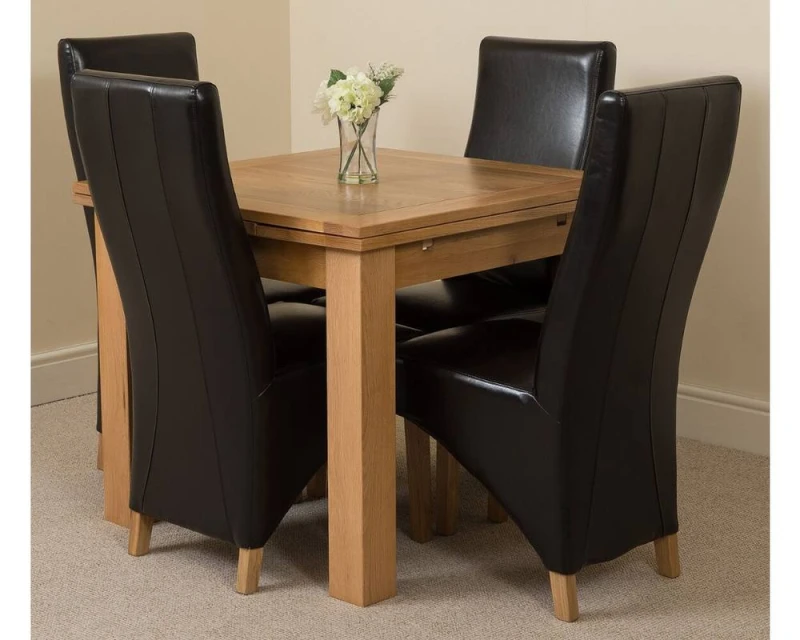 Image of Thats Furniture Richmond 90-150cm Square Oak Extending Dining Table + 4 Lola Leather Chairs in Black Unisex
