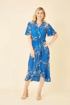 Image of Blue Floral Dip Hem Wrap Midi Dress