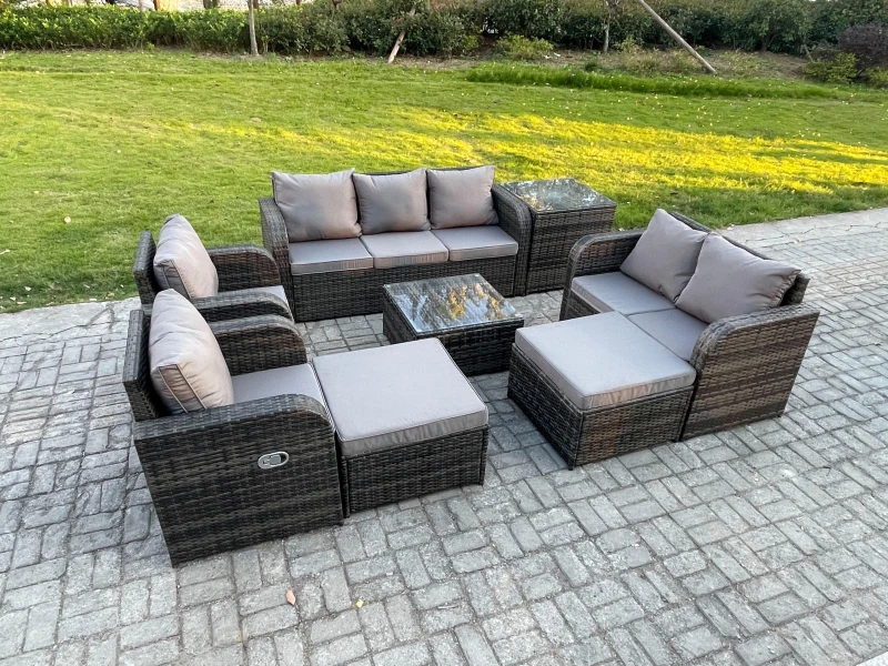 Image of Fimous Rattan Garden Furniture 8 Piece Patio Set Table Sofa Chairs With 2 Big Footstool Side Table Dark Grey