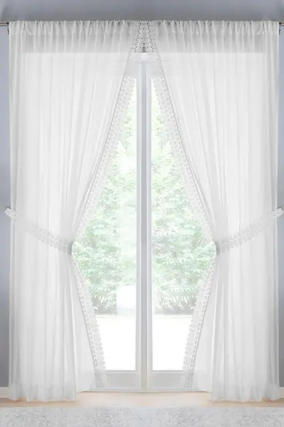 Image of Tyrone Textiles Windsor Crushed Voile Panel with Marame Trim and Tie Back - Pair White