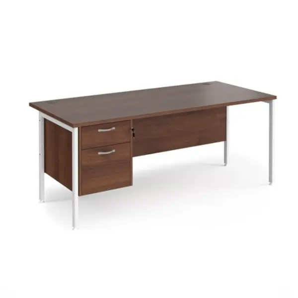 Image of Office Desk Rectangular Desk 1800mm With Pedestal Walnut Top With White Frame 800mm Depth Maestro 25 MH18P2WHW