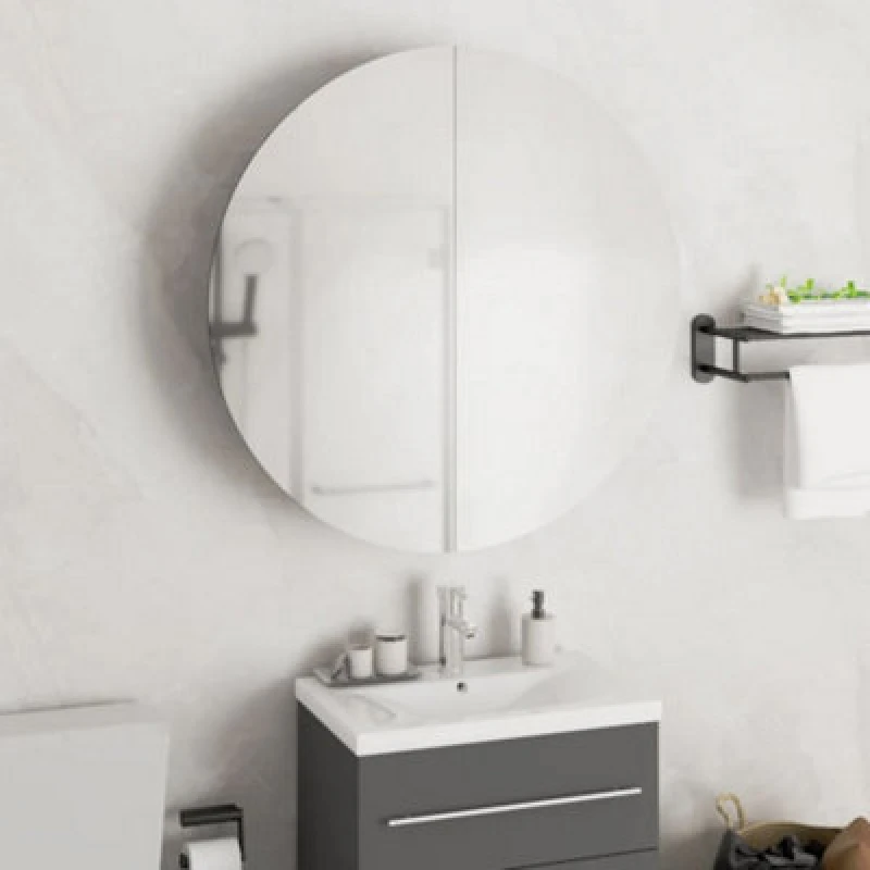 Image of vidaXL Bathroom Cabinet with Round Mirror&LED Grey 54x54x17.5 cm, Grey 345589