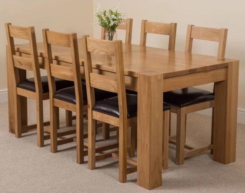 Image of Thats Furniture Kuba 180 x 90cm Chunky Oak Dining Table & 6 Lincoln Chairs in Brown Brown Unisex 180 x 90 cm