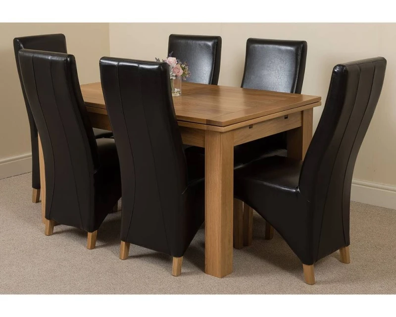 Image of Thats Furniture Richmond 140-220cm Oak Extending Dining Table & 6 Lola Leather Chairs in Black Unisex