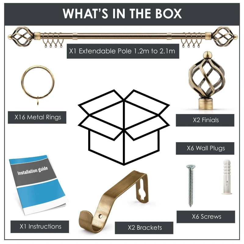 Image of Emma Barclay Curtain Pole with Rings Extendable Cage Antique Brass unisex 160-300cm