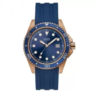 Image of Guess Gents Rose Gold Watch Blue Trim, Dial Strap W1109G3
