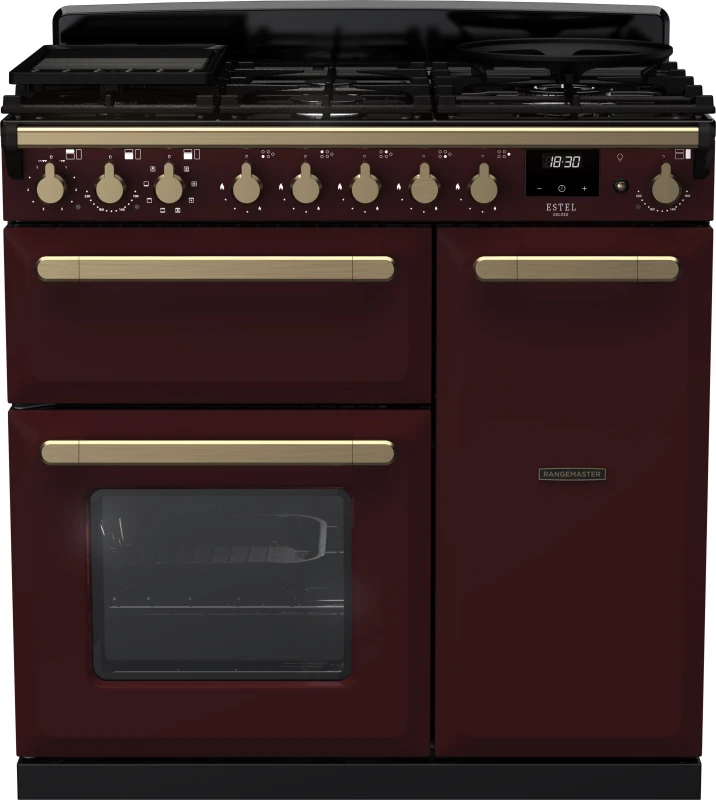 Image of Rangemaster Estel Deluxe ESDL90DFPBOR/AB1 90cm Dual Fuel Range Cooker - Bordeaux / Antique Brass - A/A Rated