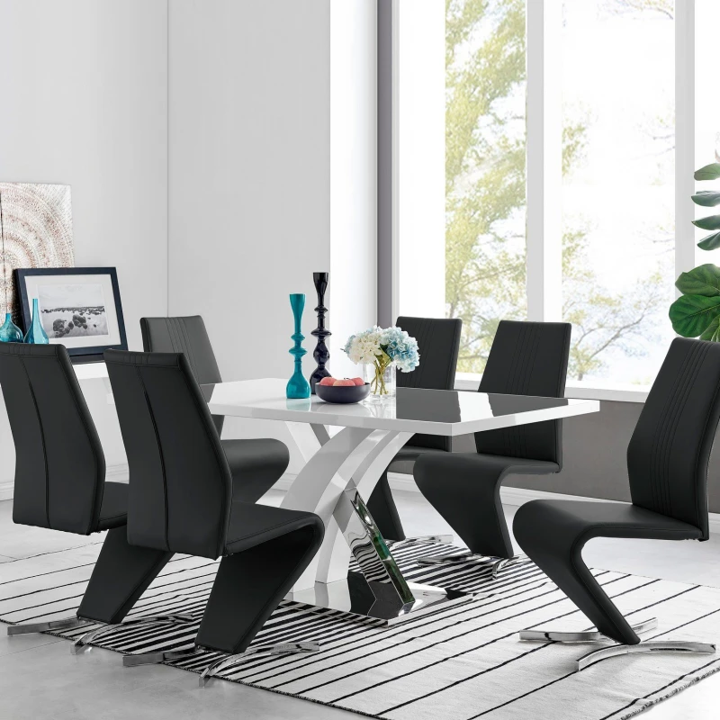 Image of FurnitureboxUK FurnitureboxUK Atlanta Modern Rectangle Chrome Metal High Gloss White Dining Table And 6 Willow Chairs Set in Black One Size Unis