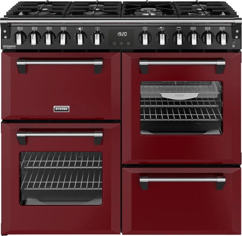 Image of Stoves Richmond Deluxe 100DF 100cm wide Dual Fuel Range Cooker with Gas Hob - Garnet Red - A Rated