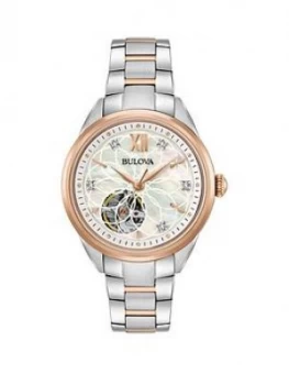Image of Bulova Classic Mother of Pearl and Diamond Rose Gold Skeleton Dial With Two Tone Stainless Steel Bracelet Ladies Watch, One Colour, Women