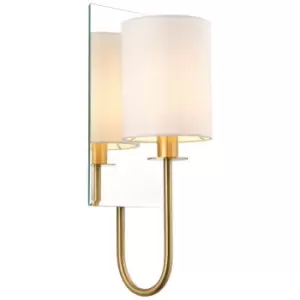 Image of Merano Pisa Shade Wall Lamp, Satin Brass Plate, Vintage White Fabric