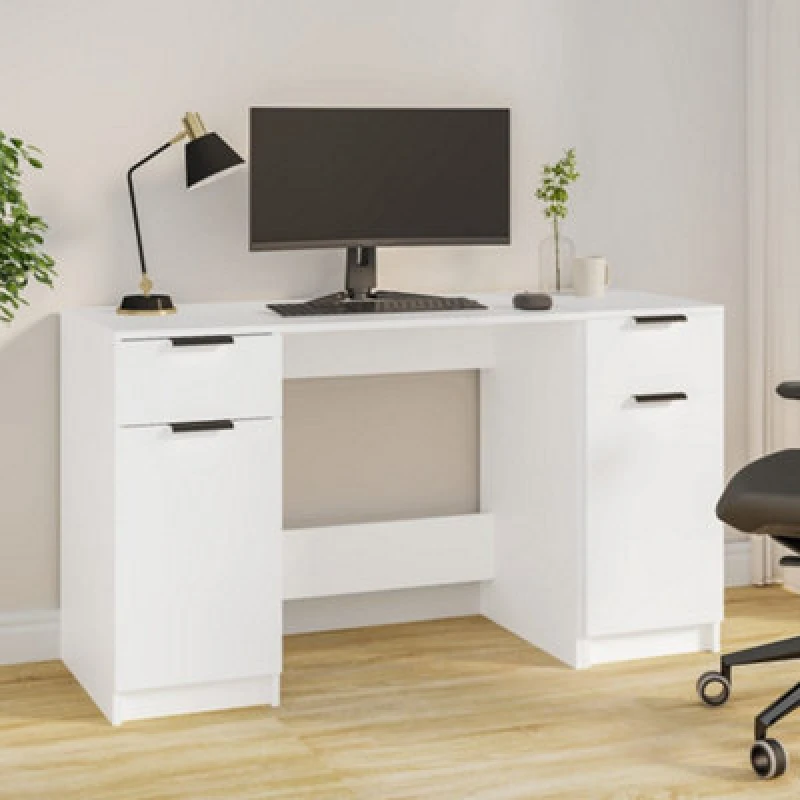 Image of Vidaxl Desk With Side Cabinet White Engineered Wood, White 3115908