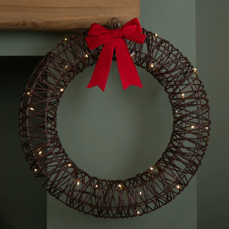 Image of 50cm Battery Operated Light up Christmas Wreath with Red Bow & 40 Warm White LEDs