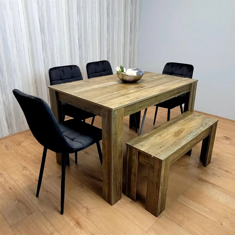 Image of KOSY KOALA Modern Dining Table with 4 Black Velvet Chairs & Bench Kitchen Set in Brown Brown Unisex