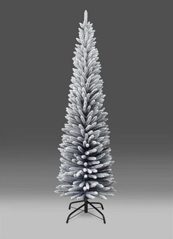 Image of Shatchi 7FT Snow Flocked Artificial Slim Christmas Pencil Tree Holiday Home Decorations with Pointed Tips and Metal Stand White