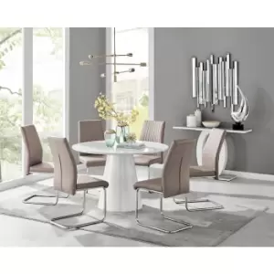 Image of Furniturebox Palma White High Gloss 6 Seat Minimalist Post Modern Round Dining Table & 6 Cappuccino Lorenzo Faux Leather Chairs