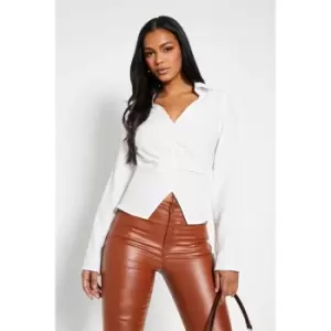 Image of I Saw It First Textured Woven Plunge Ruched Shirt - White